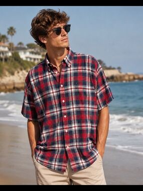 Tommy Hilfiger Shirt Mens XXL Red Tartan Plaid Linen Cotton Button-Down Preppy